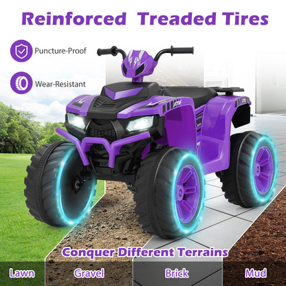 Purple kids electric quad bike with illuminated wheels on different terrains