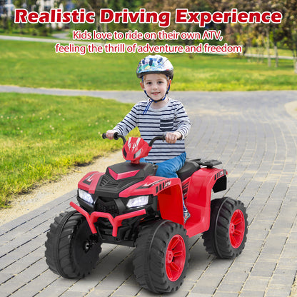 24V Ride-On ATV Toy Car, a young boy wearing a safety helmet riding the kids electric car on a paved garden path