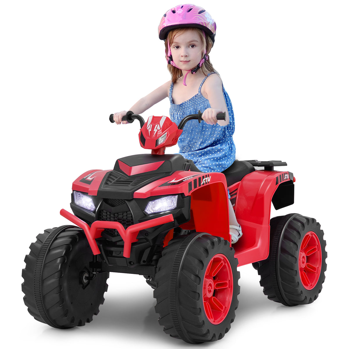 24V Ride-On ATV Toy Car, a young girl with a pink helmet sitting on the red kids electric car against a white background