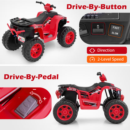 24V Ride-On ATV Toy Car, the kids electric car showing close-ups of the speed buttons and the foot pedal controls