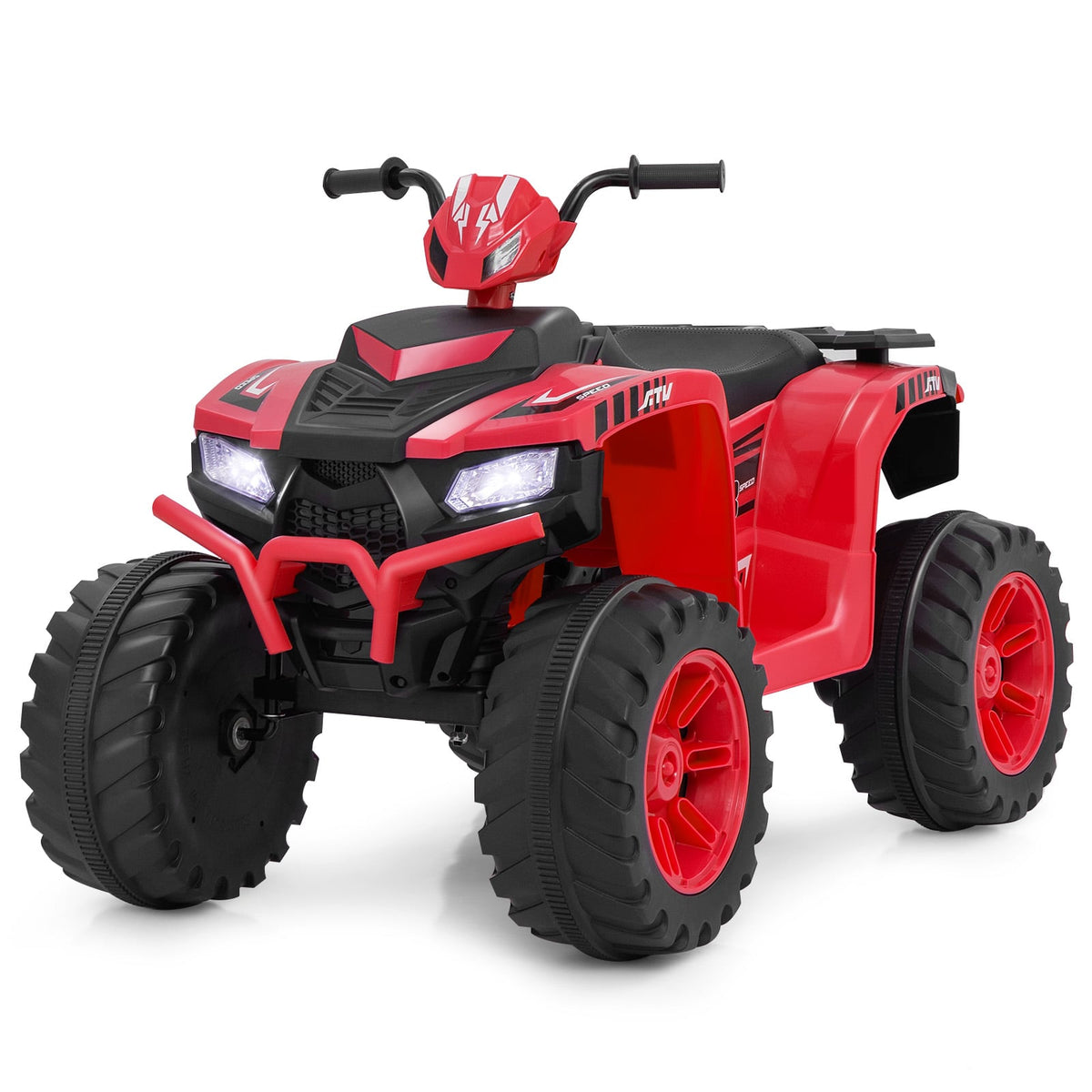 24V Ride-On ATV Toy Car in bright red with black chunky wheels and illuminated front headlights