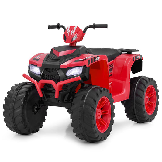24V Ride-On ATV Toy Car in bright red with black chunky wheels and illuminated front headlights