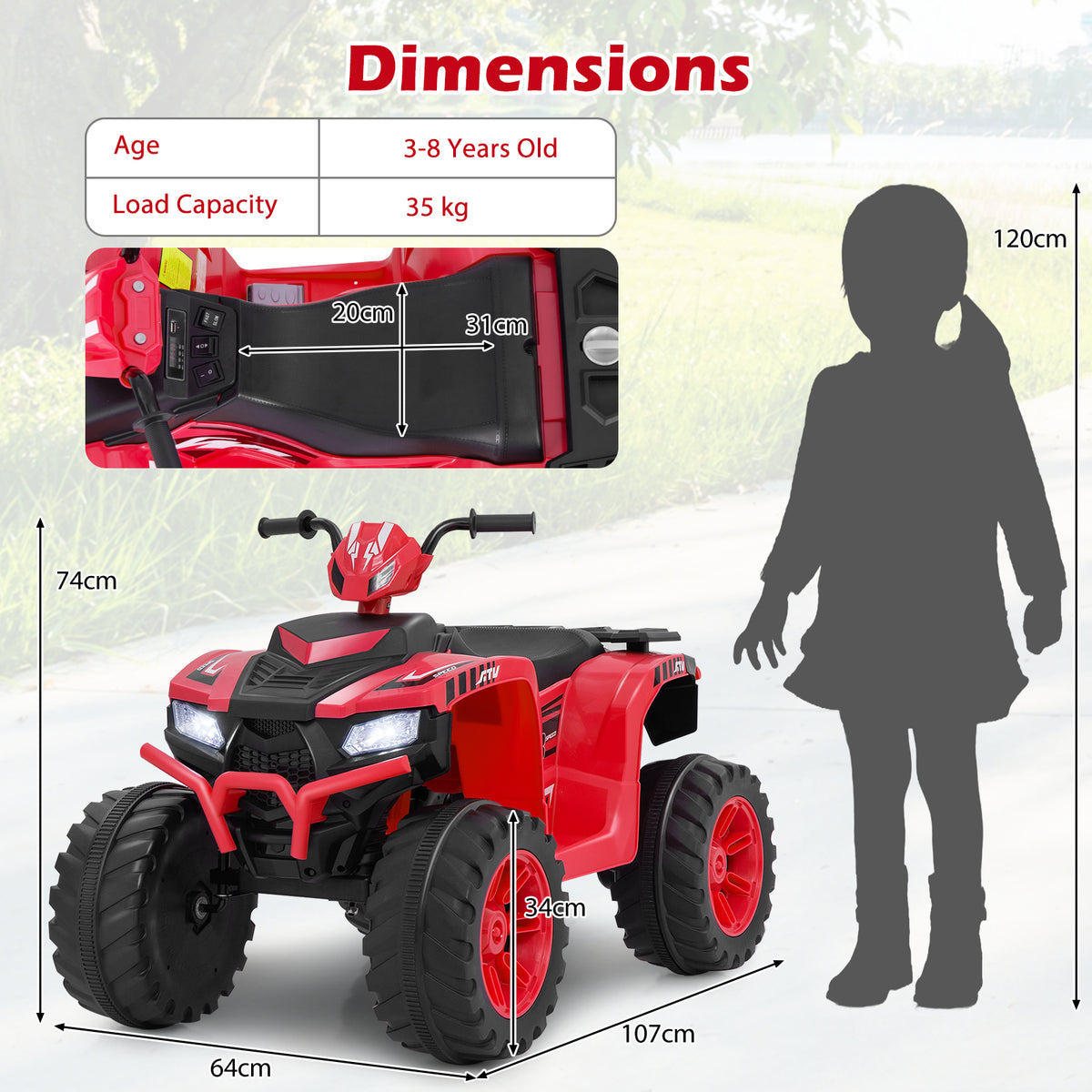 24V Ride-On ATV Toy Car, the kids electric car shown with a silhouette of a child and various dimension labels