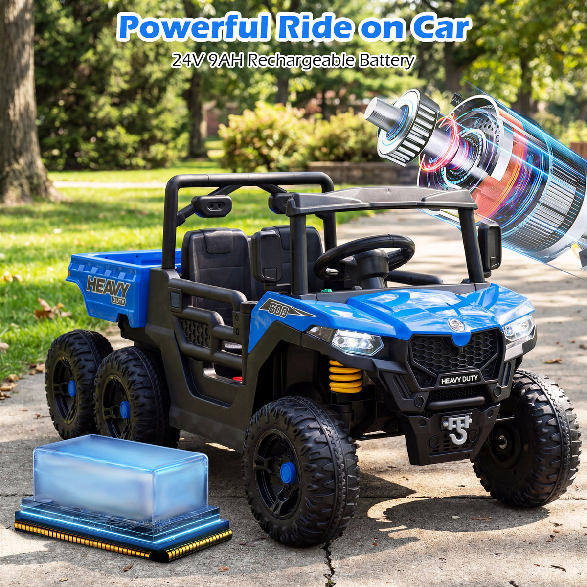 The kids electric car with its rechargeable battery pack and charger