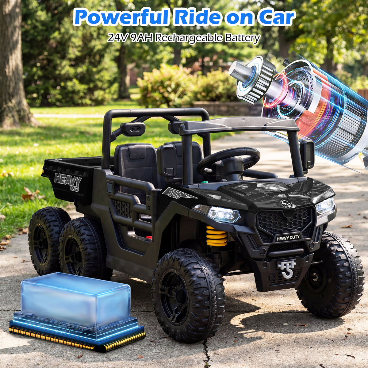 Battery and charging components for the powerful ride on car