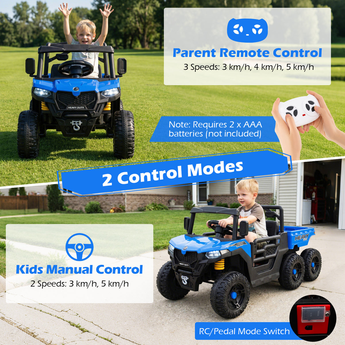 The kids electric car showing remote control and manual control options