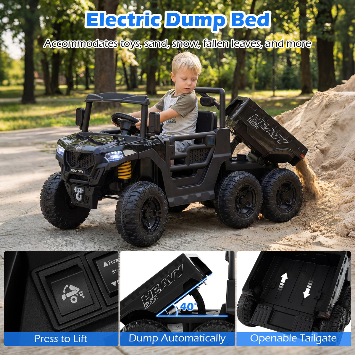 Electric dump bed on the kids ride on truck lifts and opens
