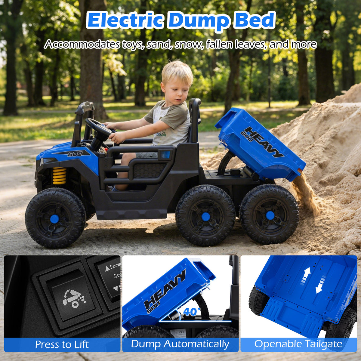 The kids electric car showing the electric dump bed in action