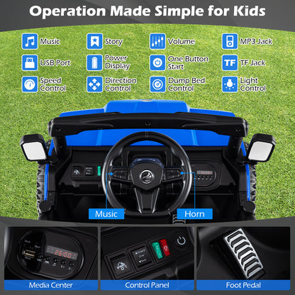 Close up of the kids electric car dashboard, steering wheel and pedals