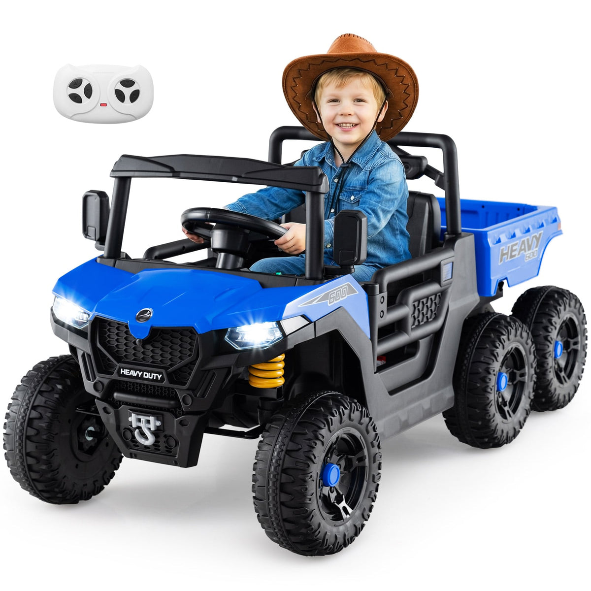 24V Ride on Dump Truck with a child wearing a cowboy hat driving it