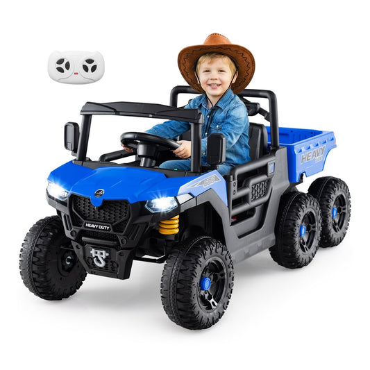 24V Ride on Dump Truck with a child wearing a cowboy hat driving it