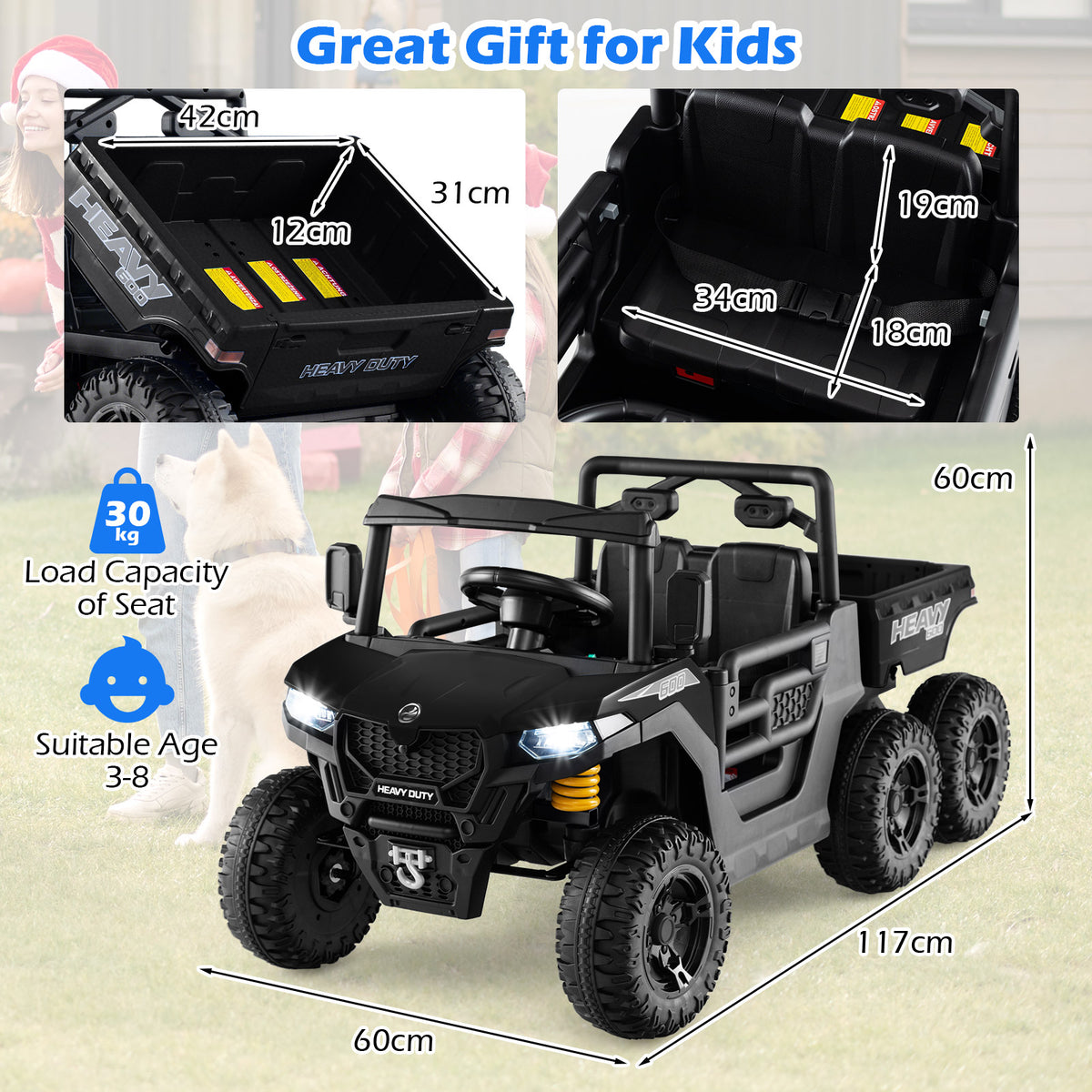 Dimensions and load capacity of the black kids electric car