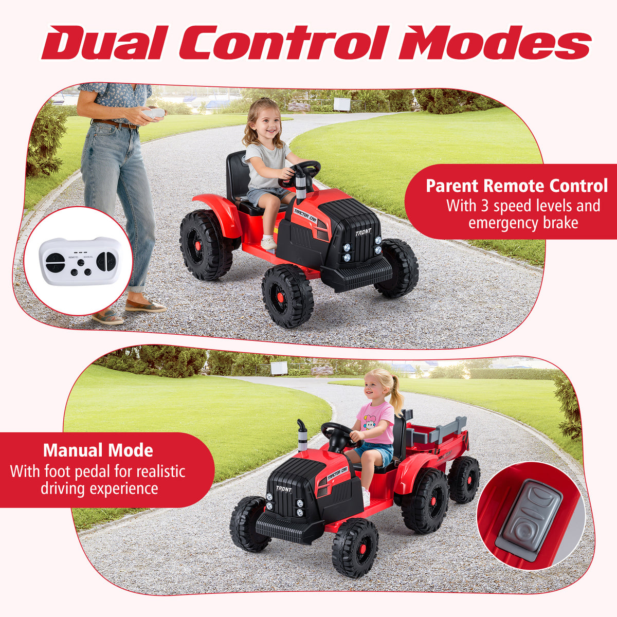 Dual control modes for the red electric tractor: parent remote control and manual foot pedal