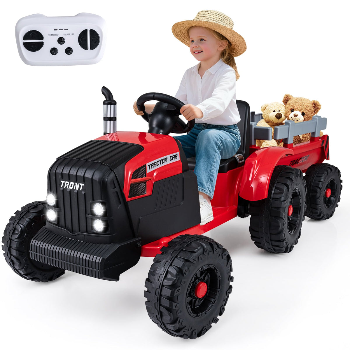 24V Ride On Tractor with Detachable Trailer for Kids-Red, a child wearing a straw hat drives the red tractor with a trailer
