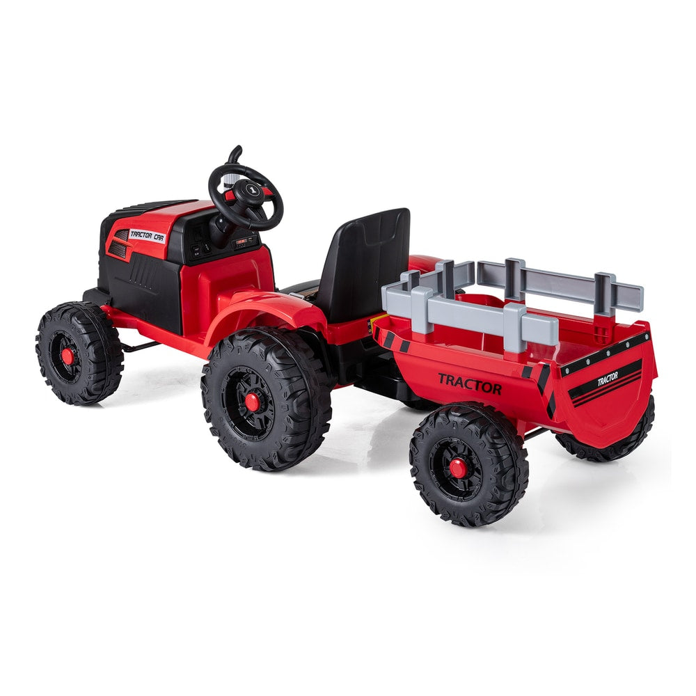 Red ride on tractor with detachable trailer shown from a side angle with trailer attached