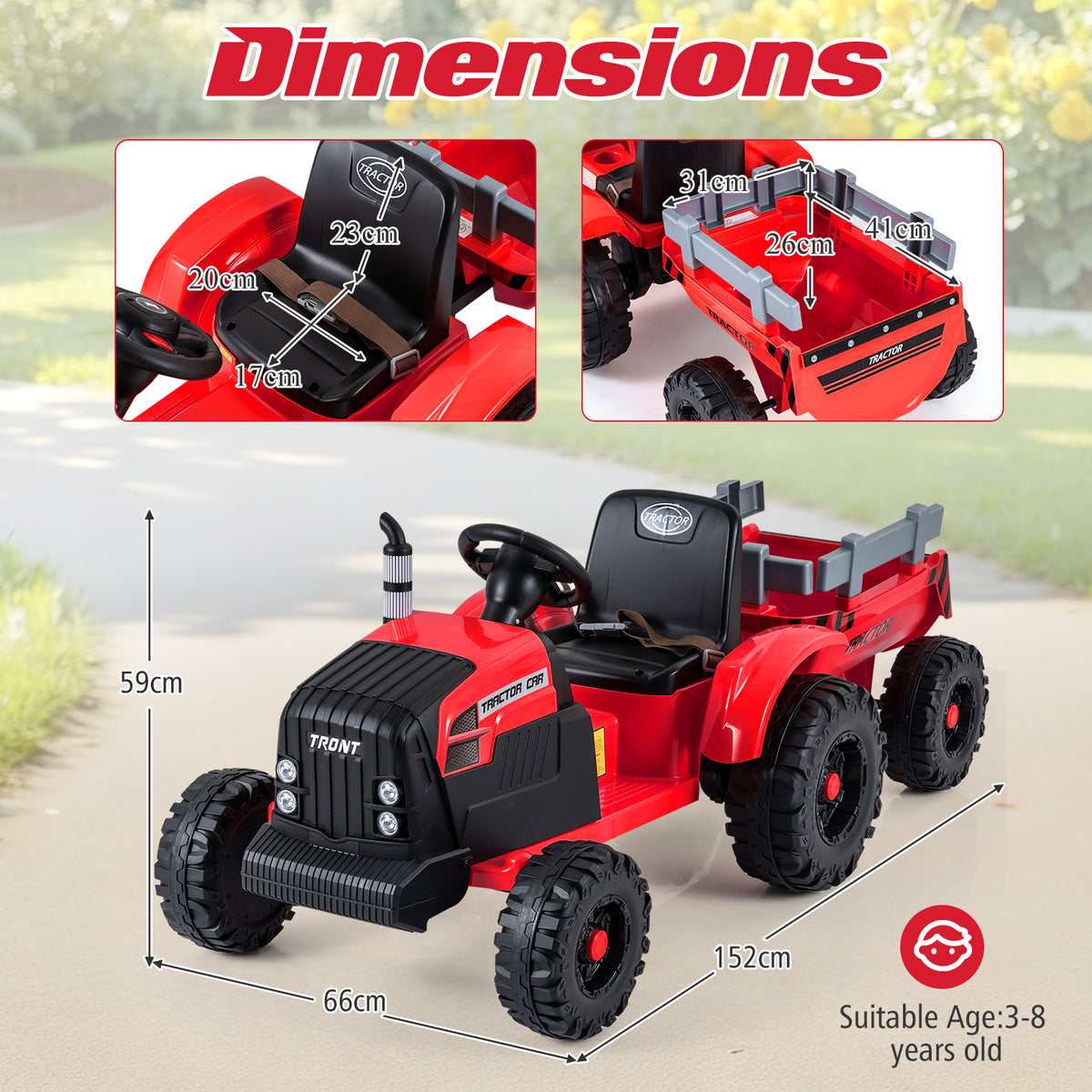 Dimensions diagram for the red kids electric tractor with trailer showing measurements