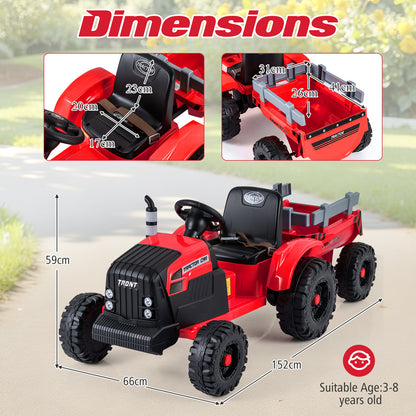 Dimensions diagram for the red kids electric tractor with trailer showing measurements