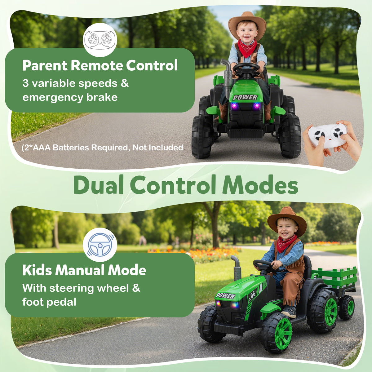 The kids electric car demonstrating remote control and manual driving modes in a park setting