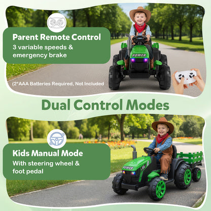 The kids electric car demonstrating remote control and manual driving modes in a park setting