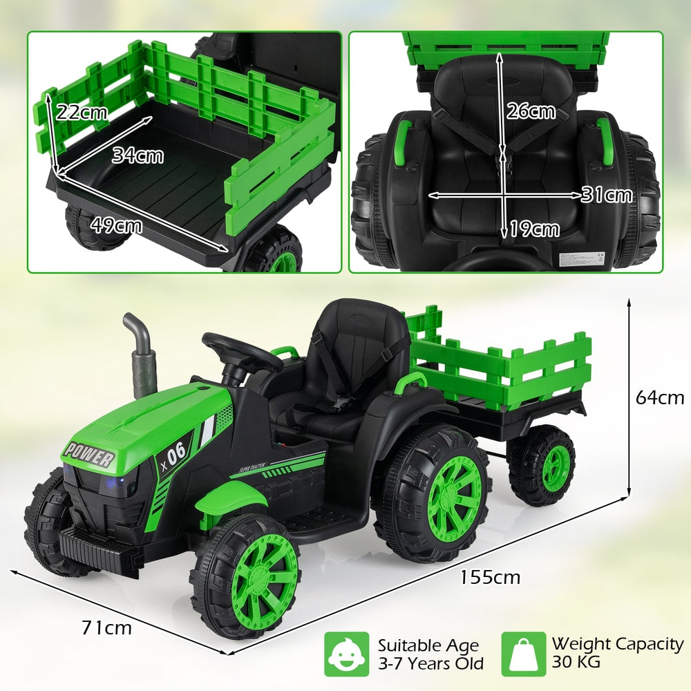 The light green kids electric tractor with trailer and measurements shown on a white background