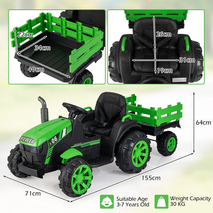 The light green kids electric tractor with trailer and measurements shown on a white background