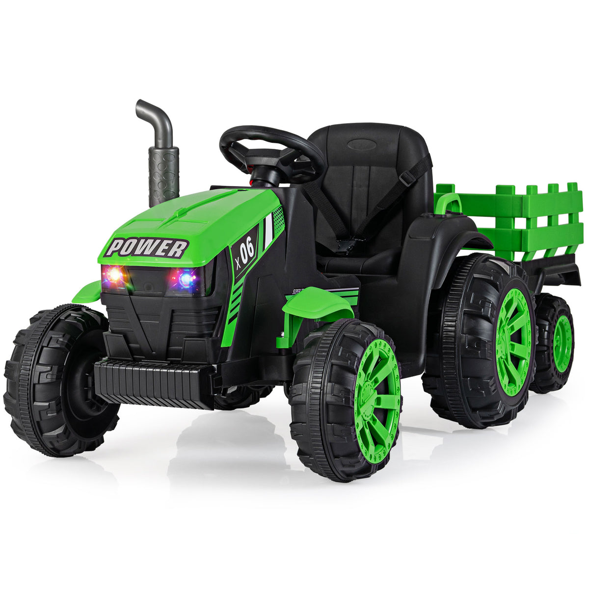 24V Ride On Tractor with a green body, black seat, and a detachable trailer on a white background