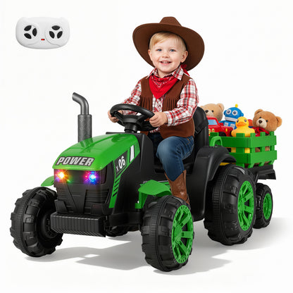 The kids electric car with a young boy in a cowboy outfit sitting in the seat and a remote control