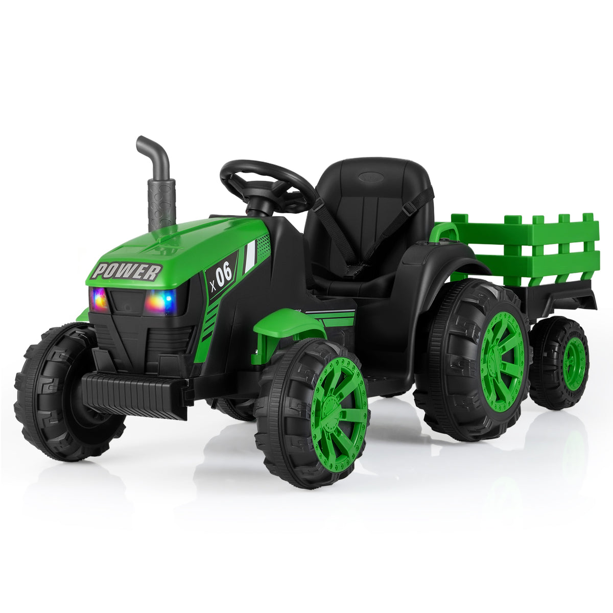 24V Ride On Tractor in green with a detachable trailer and glowing multicoloured LED headlights