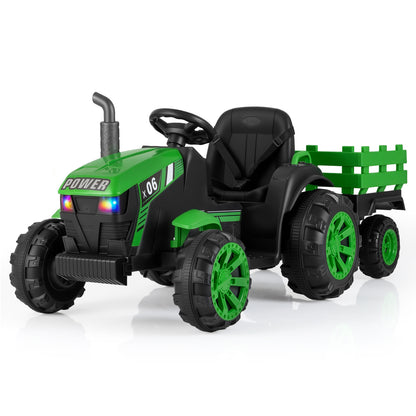 24V Ride On Tractor in green with a detachable trailer and glowing multicoloured LED headlights