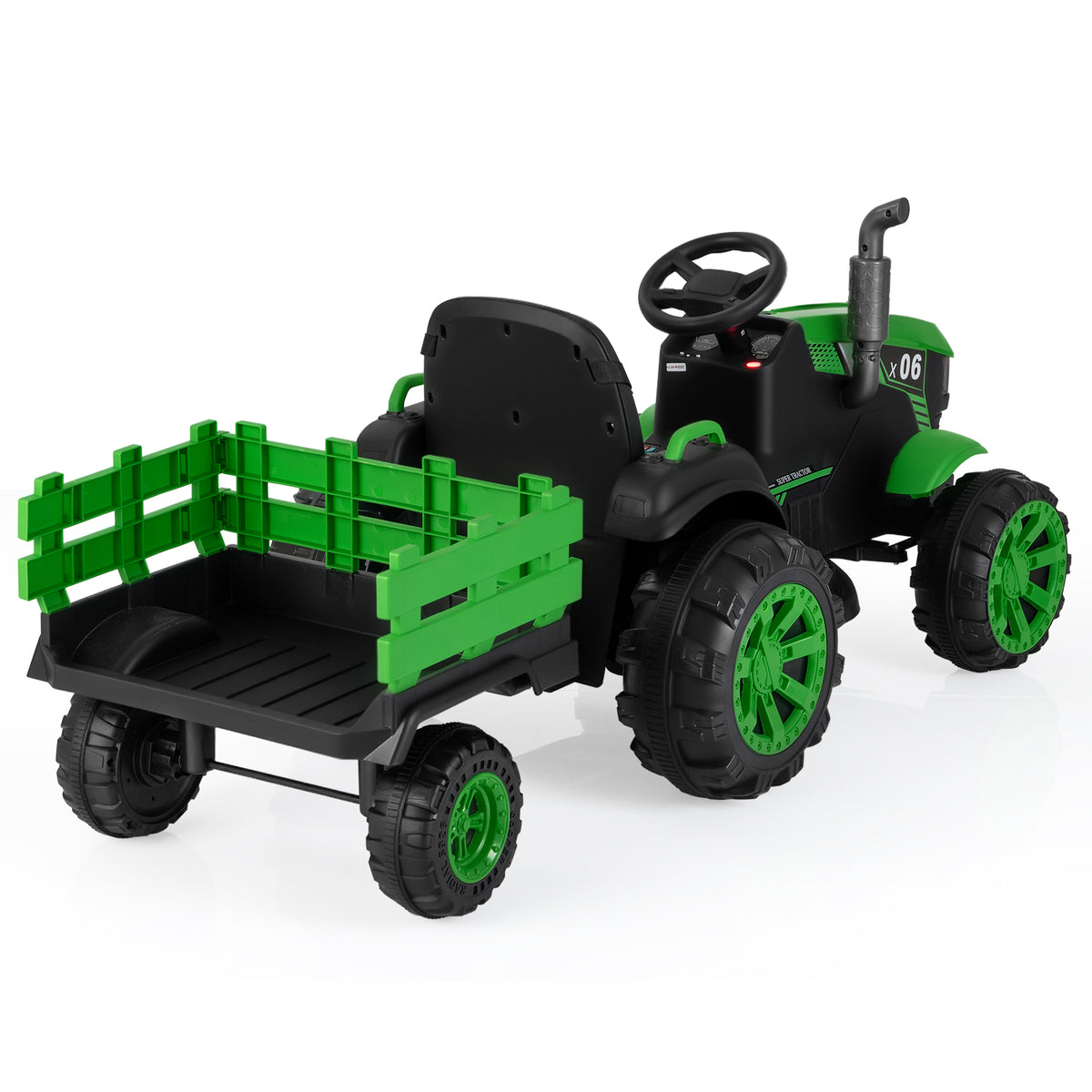 The kids electric tractor seen from the back showing the open trailer and chunky black wheels