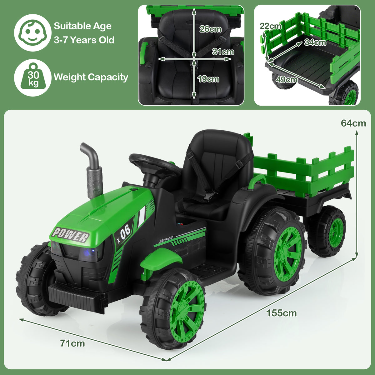 The kids electric tractor with white dimension lines showing seat and trailer measurements