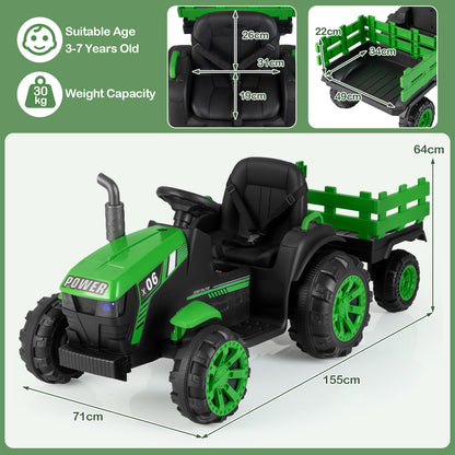 The kids electric tractor with white dimension lines showing seat and trailer measurements