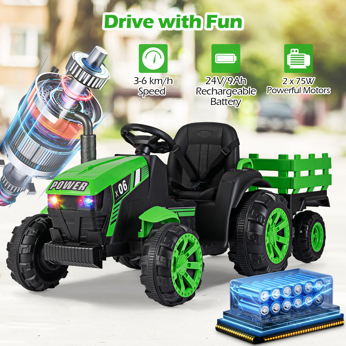 The light green kids electric tractor with glowing motor and battery graphics in the background