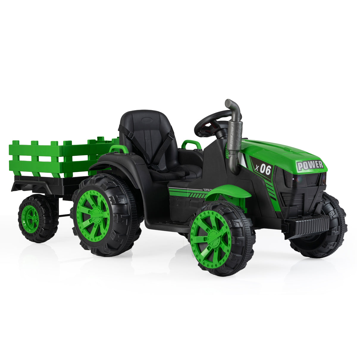 The green kids electric tractor with a black seat and a detachable trailer on a white background