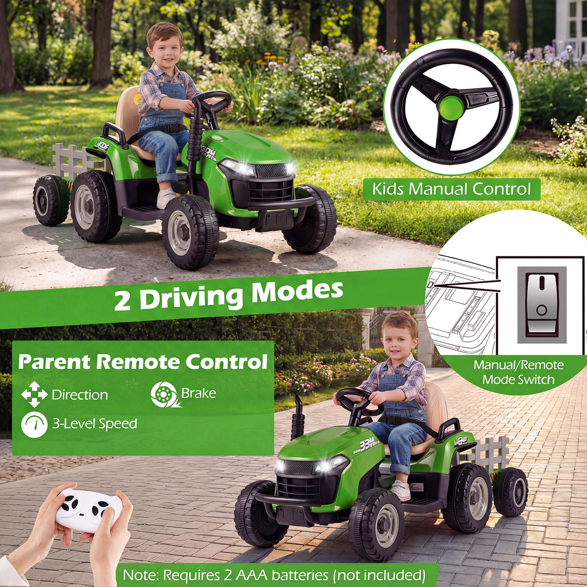 Two driving modes shown for the kids electric car with parent remote control