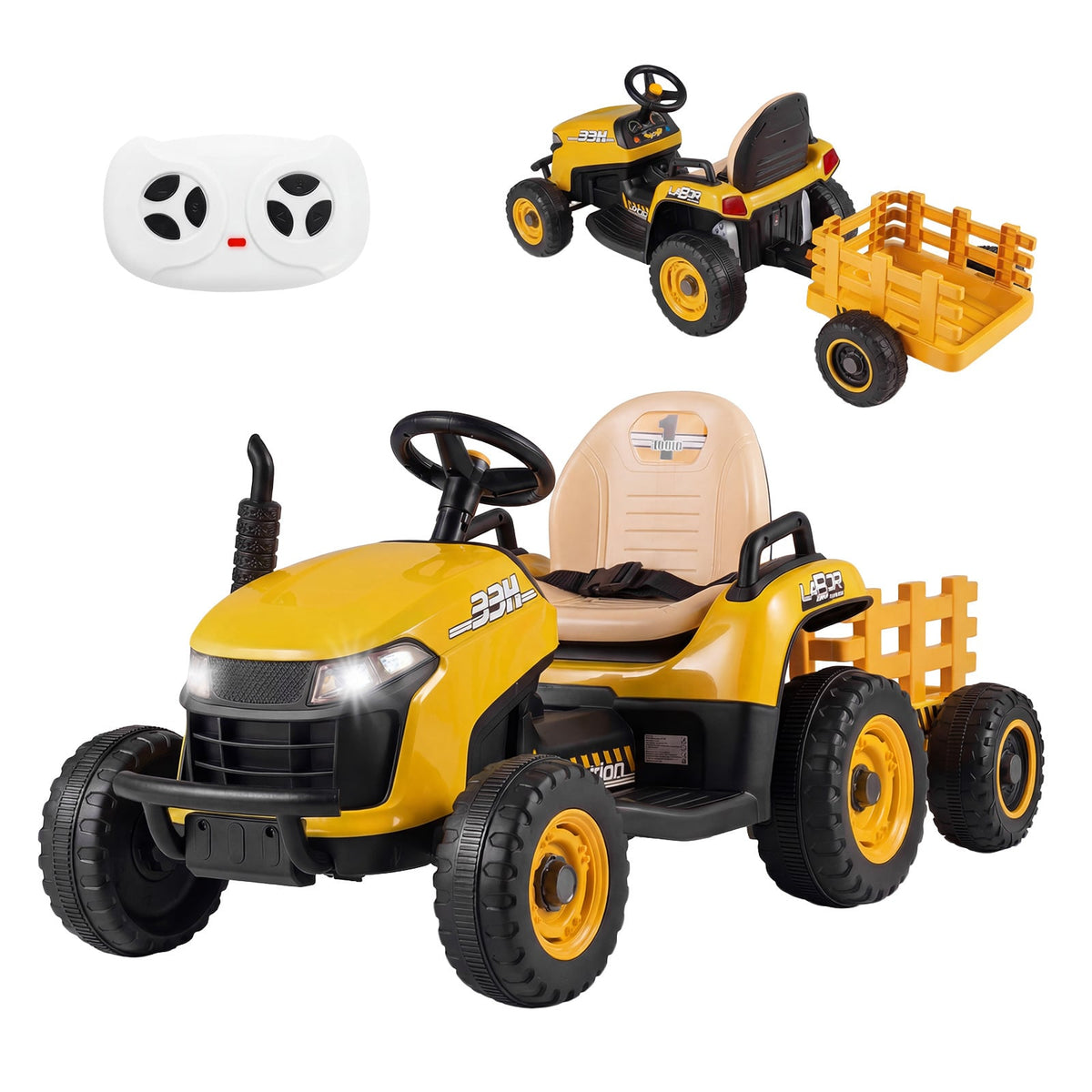 24V Ride on Tractor with tiltable and detachable trailer in yellow