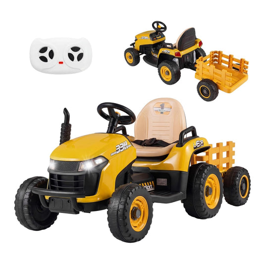 24V Ride on Tractor with tiltable and detachable trailer in yellow