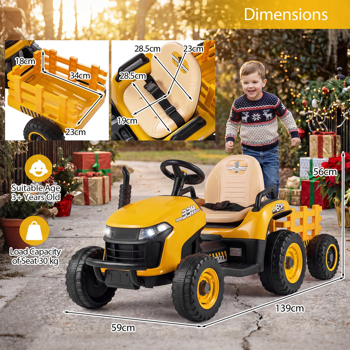 Dimensions of the yellow ride on tractor with trailer