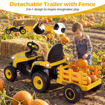 Detachable trailer with fence on the yellow electric tractor in a pumpkin patch