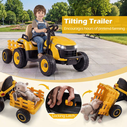 Tilting trailer and locking latch on the yellow ride on tractor