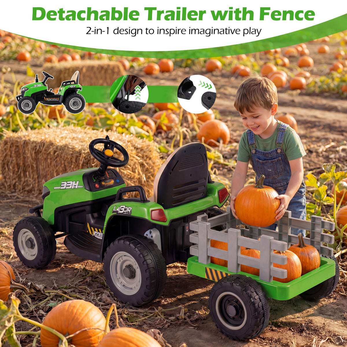 A child loads pumpkins into the detachable trailer of the ride on tractor