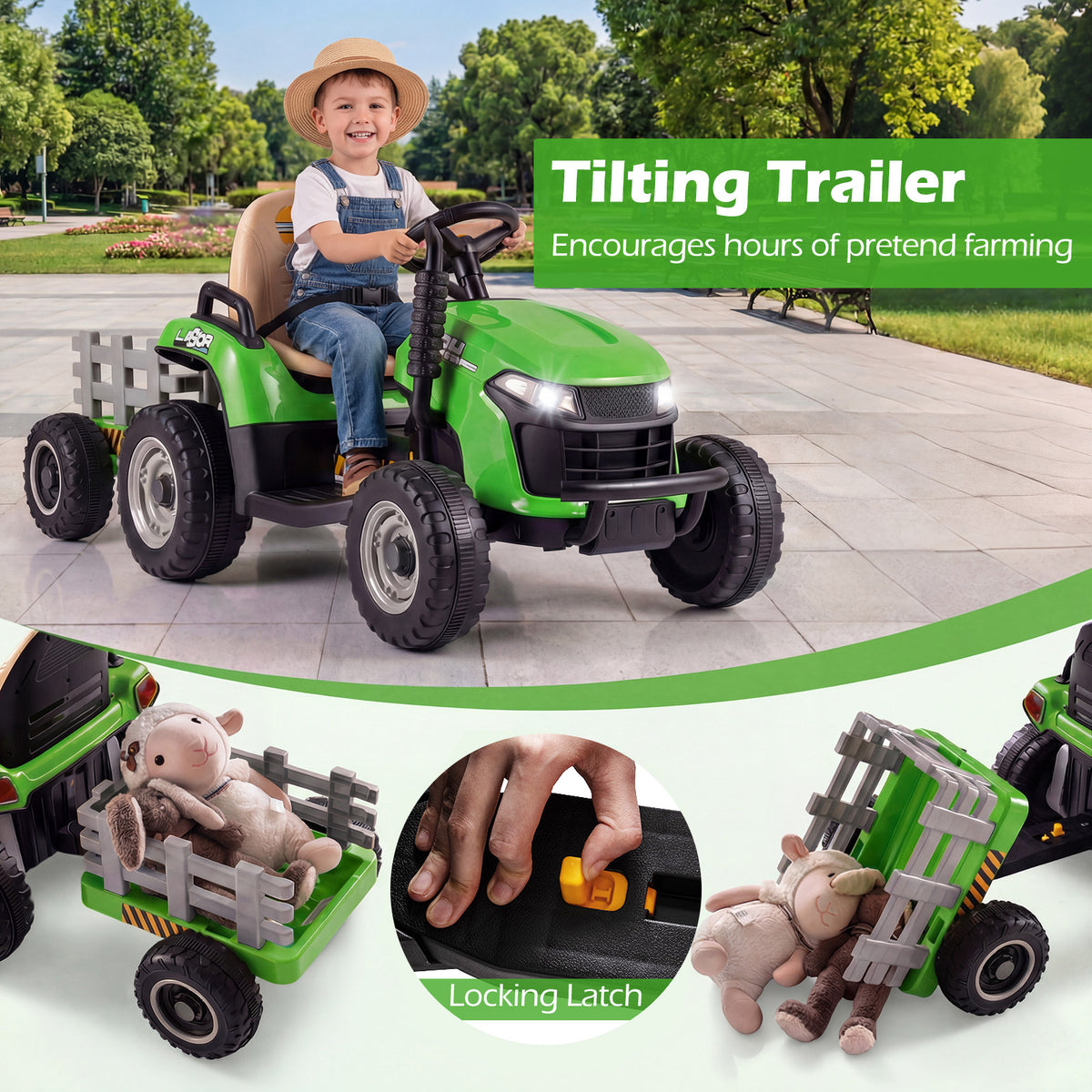 Close up of the tilting trailer on the kids electric tractor