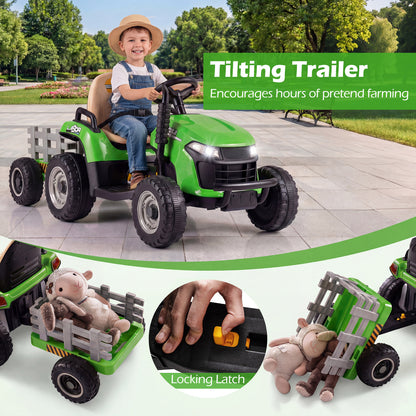 Close up of the tilting trailer on the kids electric tractor