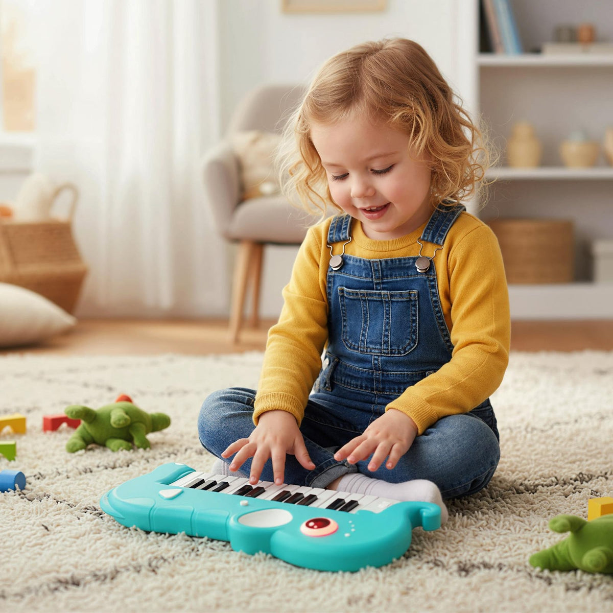 A young child sits on a rug playing the blue elephant piano keyboard
