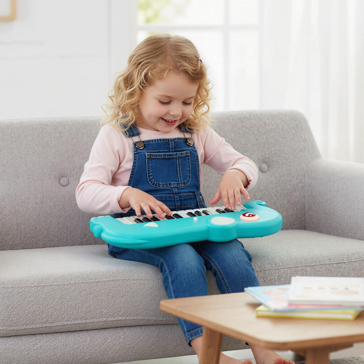 A young child sits on a sofa playing the blue elephant piano keyboard