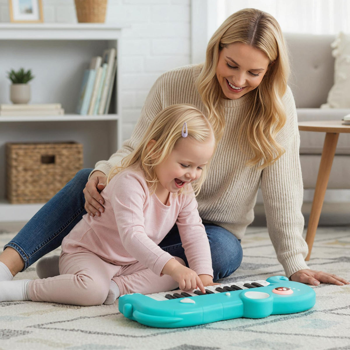 A mother and child sit on the floor playing the blue elephant piano keyboard