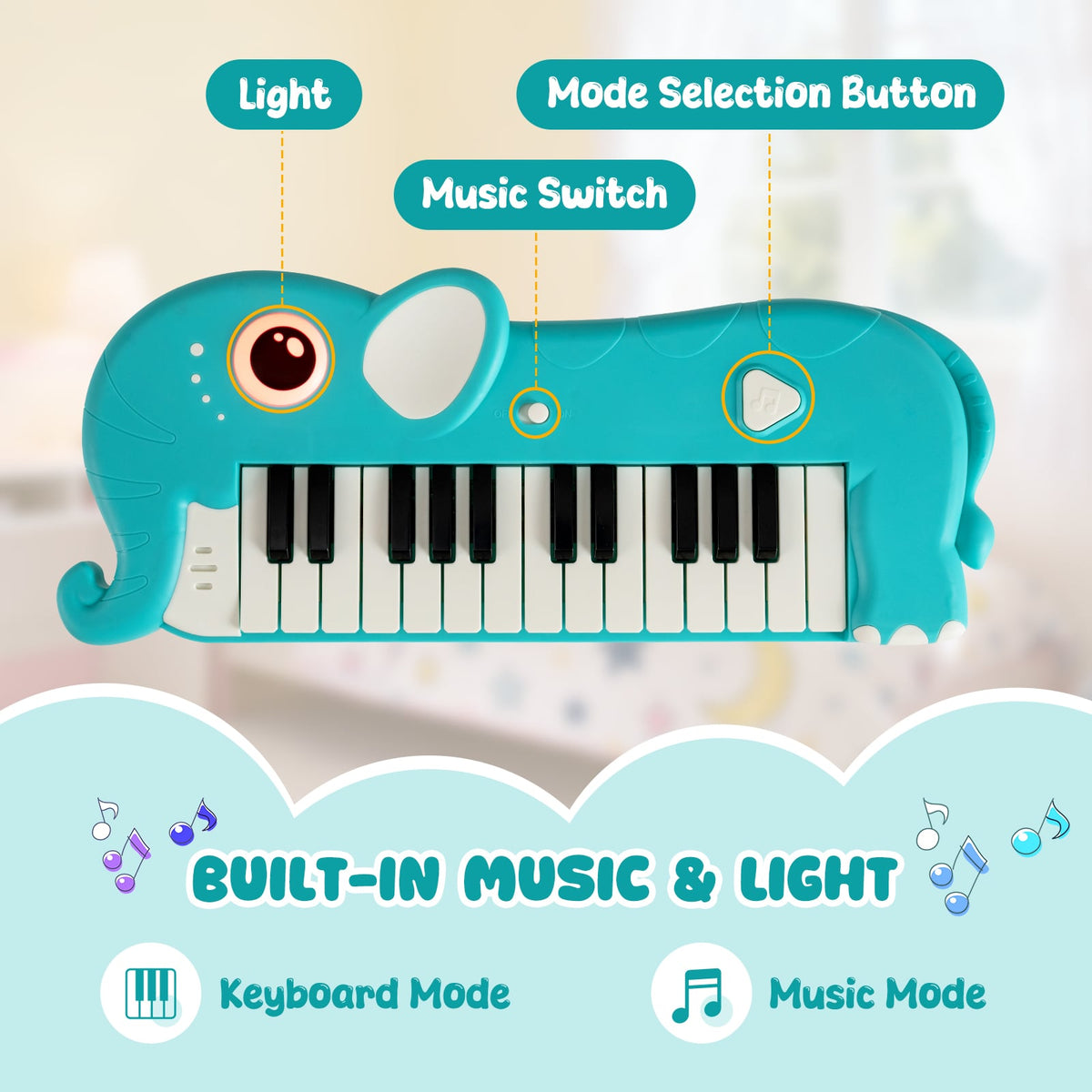 Blue elephant shape toy piano keyboard with labels for light and music functions
