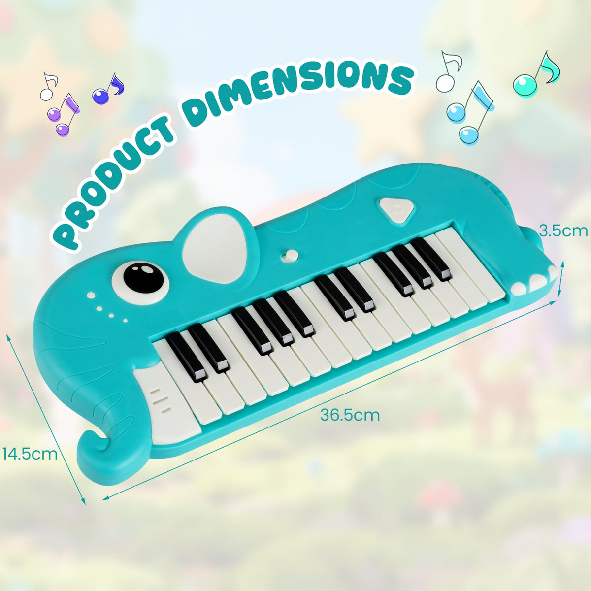 Blue elephant shape toy piano keyboard with dimensions shown