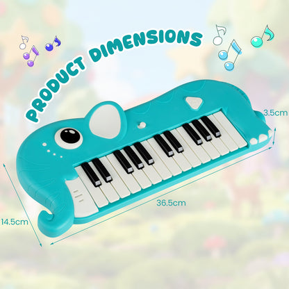 Blue elephant shape toy piano keyboard with dimensions shown