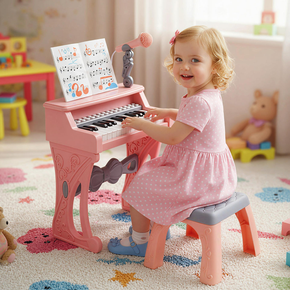 A young girl plays the pink keyboard piano with stool and music stand